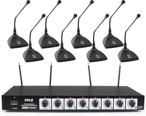 Pyle 8 Channel Wireless Microphone System - Portable VHF Cordless Audio Mic Set with 1/4" and XLR Output, Dual Antenna, - Includes 8 Table Top Mics, Rack Mountable Receiver Base - Pyle PDWM8300,Black in Kuwait