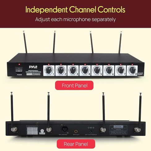 Pyle 8 Channel Wireless Microphone System - Portable VHF Cordless Audio Mic Set with 1/4" and XLR Output, Dual Antenna, - Includes 8 Table Top Mics, Rack Mountable Receiver Base - Pyle PDWM8300,Black in Kuwait