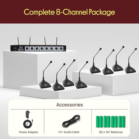 Pyle 8 Channel Wireless Microphone System - Portable VHF Cordless Audio Mic Set with 1/4" and XLR Output, Dual Antenna, - Includes 8 Table Top Mics, Rack Mountable Receiver Base - Pyle PDWM8300,Black in Kuwait