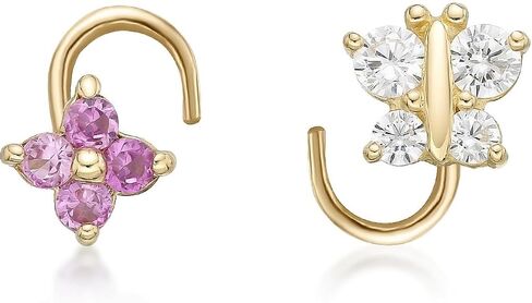 22 Gauge Curved Screw White Butterfly Pink Flower Nose Ring Set for Women in 14k Yellow Gold Piercing Jewelry Set by Lavari Jewelers in Kuwait