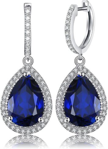 JewelryPalace Luxury Pear Cut 12.4ct Created Blue Sapphire Halo Dangle Earrings for Women, 14k Gold Plated 925 Sterling Silver Earrings, Gemstone Earrings Jewelry Sets in Kuwait