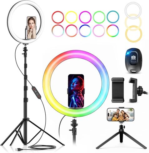 PEYOU 12" Selfie Ring Light with 73" Extendable Tripod Stand and Phone Holder, 38 Color Modes Dimmable RGB Ring Light,3-in-1 Desk & Floor Use for iPhone, Makeup, TikTok, YouTube, Live Streaming in Kuwait