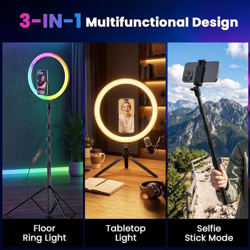 PEYOU 12" Selfie Ring Light with 73" Extendable Tripod Stand and Phone Holder, 38 Color Modes Dimmable RGB Ring Light,3-in-1 Desk & Floor Use for iPhone, Makeup, TikTok, YouTube, Live Streaming in Kuwait