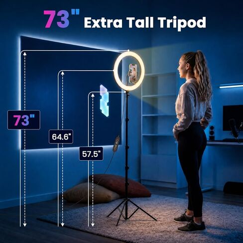 PEYOU 12" Selfie Ring Light with 73" Extendable Tripod Stand and Phone Holder, 38 Color Modes Dimmable RGB Ring Light,3-in-1 Desk & Floor Use for iPhone, Makeup, TikTok, YouTube, Live Streaming in Kuwait