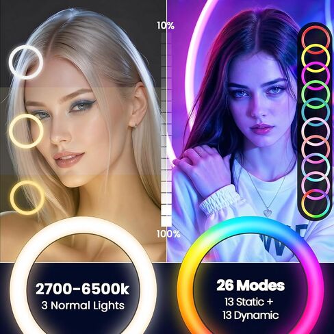 PEYOU 12" Selfie Ring Light with 73" Extendable Tripod Stand and Phone Holder, 38 Color Modes Dimmable RGB Ring Light,3-in-1 Desk & Floor Use for iPhone, Makeup, TikTok, YouTube, Live Streaming in Kuwait
