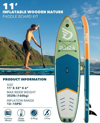 DAMA Inflatable Stand Up Paddle Board 11'x33" x6", Inflatable Yoga Board, Dry Bags, Camera Seat, Floating Paddle, Hand Pump, Board Carrier, Durable & Stable for 3 People in Kuwait