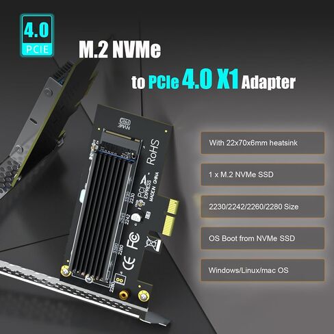 GLOTRENDS PA09-X1-HS M.2 NVMe to PCIe X1 Adapter with M.2 Heatsink for 2230/2242/2260/2280 M.2 NVMe SSD, PCIe X1 Installation (Black) in Kuwait