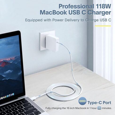Mac Book Pro Charger - 118W Power Adapter Compatible with USB C Port MacBook Pro & MacBook Air 13, 14, 15, 16 inch, New ipad Pro and All USB C Device, 7.2ft USB-C to C Charge Cable in Kuwait