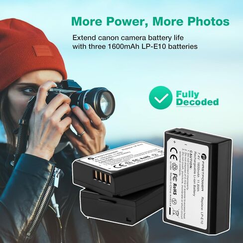 بطارية FirstPower LP-E10 مكونة من 3 قطع وشاحن ثلاثي الفتحات لكاميرا Canon | متوافق مع كاميرا Canon EOS Rebel T3 T5 T6 T7 T100، EOS 4000D 2000D 3000D 1200D 1100D 1300D 1500D، Kiss X50/X70/X80/X90 in Kuwait