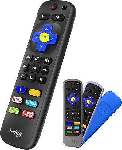 [w/Cover] 1-clicktech New Remote for Roku TV w/6 Customizable HotKeys, for TCL Hisense Onn Sharp Sanyo Hitachi Element Insignia Westinghouse Magnavox LG Roku TV, Roku Box (Remote + Blue Cover) in Kuwait