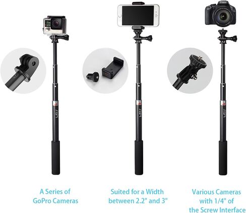 HSU Extendable Selfie Stick for Action Camera， Waterproof Hand Grip for GoPro Hero 12/11/10/9/8/7, Handheld Monopod 6.5" to 26.4" Compatible with Cell Phones, AKASO Campark and Other Action Cameras in Kuwait