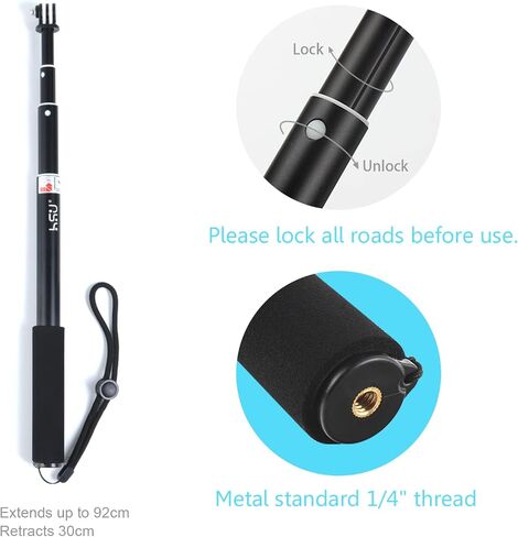 HSU Extendable Selfie Stick for Action Camera， Waterproof Hand Grip for GoPro Hero 12/11/10/9/8/7, Handheld Monopod 6.5" to 26.4" Compatible with Cell Phones, AKASO Campark and Other Action Cameras in Kuwait