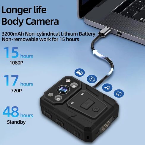 CAMMHD 1296P HD Body Camera with Audio and Video Recording 15Hours, 64GB Waterproof Night Vision Patrol Body Camera for Law Enforcement in Kuwait