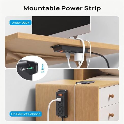 Wall Mount Power Outlet Strip, 4 Outlet Mountable Power Strip with Switch, 3ft Cord Under Desk Power Strip for Office/Industrial/Home, Flat Plug, Black in Kuwait