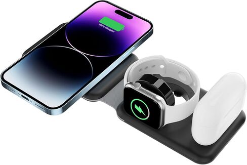 3 in 1 Wireless Charger, Foldable Magnetic Charging Station, Fast Travel Wireless Charging Pad for Multiple Apple Devices, Compatible with iPhone 15/14/13/12/Pro/Max/Plus/Mini, iWatch, Airpods (White) in Kuwait