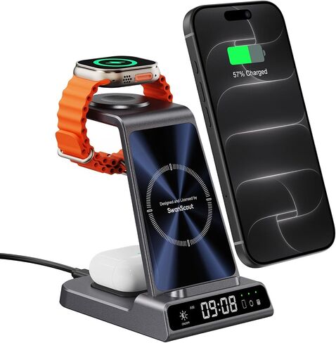 Charging Station for Apple, Wireless Charger 4 in 1 with Digital Clock, Wireless Charging Station for iPhone 15/14/13/12/11/X Series, for Apple Watch Ultra 2/Series 9/8/7/6/5, Air Pods Pro 2/3/Pro in Kuwait
