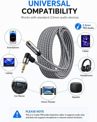 10ft 3.5mm Headphone Extension Cord Male to Female Stereo Audio Extender, 90 Degree Right Angle 1/8 Inch TRS Aux Wire for TV, PC, Smartphones, Braided Double Shielded in Kuwait
