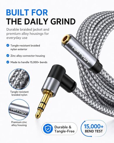 10ft 3.5mm Headphone Extension Cord Male to Female Stereo Audio Extender, 90 Degree Right Angle 1/8 Inch TRS Aux Wire for TV, PC, Smartphones, Braided Double Shielded in Kuwait