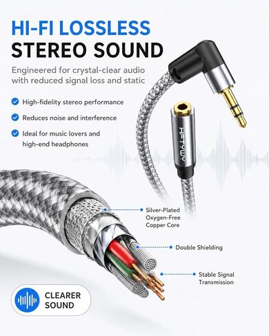 10ft 3.5mm Headphone Extension Cord Male to Female Stereo Audio Extender, 90 Degree Right Angle 1/8 Inch TRS Aux Wire for TV, PC, Smartphones, Braided Double Shielded in Kuwait