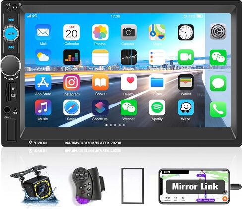 ستيريو سيارة مزدوج الدين مع Apple Carplay وAndroid Auto، مشغل وسائط متعددة راديو السيارة بشاشة لمس 7 بوصة 1080 بكسل مع راديو FM وصلة مرآة بلوتوث SWC USB/SD/AUX-in + كاميرا احتياطية 12LED وجهاز تحكم عن بعد in Kuwait