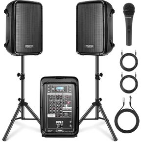Pyle PA Speaker DJ Mixer Bundle - 300 W Portable Wireless Bluetooth Sound System w/ USB SD XLR 1/4" RCA Inputs - Dual Speaker, Mixer, Microphone, Stand, Cable - Home/Outdoor Party - PPHP28AMX,Black in Kuwait