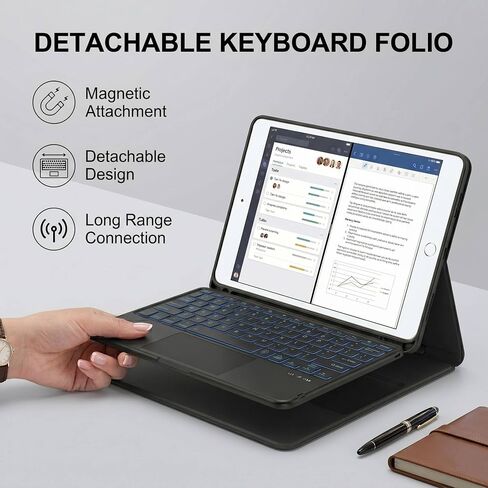 Backlit Touchpad Keyboard Case for iPad Pro 12.9" 2017/2015, Magnetically Detachable Wireless Bluetooth Keyboard Cover with Pencil Holder for iPad Pro 12.9 1st / 2nd Gen, Black in Kuwait