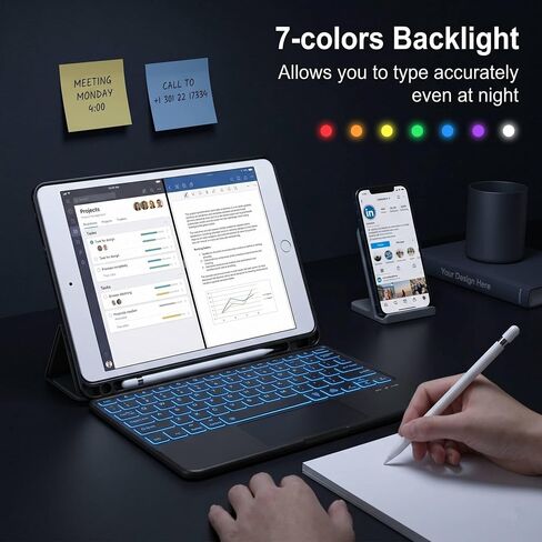 Backlit Touchpad Keyboard Case for iPad Pro 12.9" 2017/2015, Magnetically Detachable Wireless Bluetooth Keyboard Cover with Pencil Holder for iPad Pro 12.9 1st / 2nd Gen, Black in Kuwait