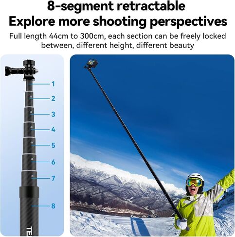 TELESIN Ultra Long Selfie Stick Pole- 3M/118 Inch Carbon Fiber Lightweight Waterproof Extendable Handheld Monopod for GoPro Max Hero 11 10 9 8 7 6 5 Insta360 X2 X3 DJI Action 2 3 AKASO 360 Camera in Kuwait