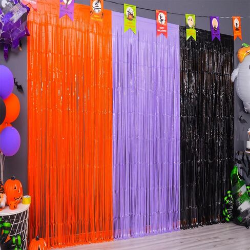 Mega-L Halloween Foil Fringe Curtains, 3 Pack Orange Purple Black Photo Booth Props, 18 Pcs PVC Bat and Spider Stickers Decals Wall Decor, Halloween Backdrop for Halloween Party Decoration in Kuwait