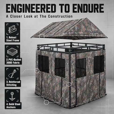 Deluxe Steel Frame True Timber® Camo 3 or 4 Person Hunting Ground Blind - (8) Shoot Through Mesh Windows and Anchoring System Included in Kuwait