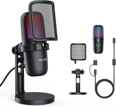 USB Microphone for PC,Computer Gaming Mic for PS4/ PS5/ Mac,Condenser Mic with Quick Mute,RGB Light,Pop Filter,Shock Mount for Recording,Streaming,Podcasting,YouTube (Black) in Kuwait