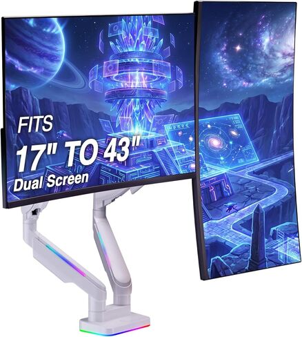 AVLT RGB Lights Dual 17 "-43" حامل ذراع شاشة الألعاب، يناسب شاشتين مسطحتين/منحنيتين/فائقتين يصل وزنهما إلى 44 رطلاً (20 كجم)، حامل قابل للتعديل بإمالة الارتفاع - أسود in Kuwait