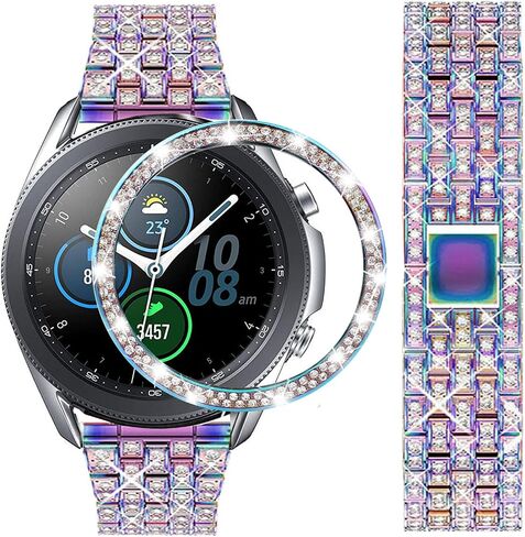 Bands Compatible with Samsung Galaxy Watch 3 (41mm), 20mm Luxury Diamond Stainless Steel Metal Bracelet with Rhinestone Bezel Ring Case Cover Replacement for Women Men in Kuwait