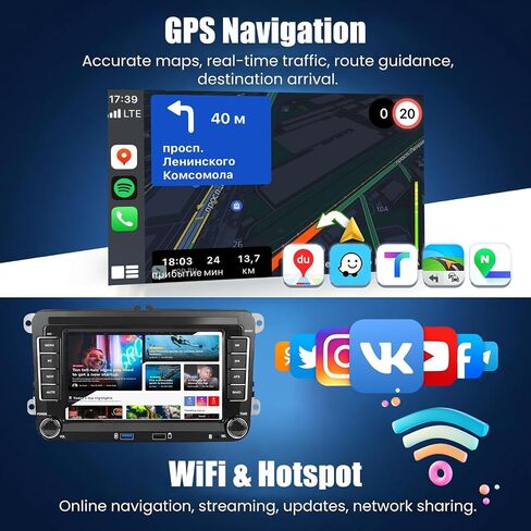 2G+64G Android Car Radio for VW Passat Golf Jetta Golf Tiguan Wireless Apple CarPlay Android Auto Double Din 7 Inch Touch Screen Bluetooth GPS Navigation WiFi FM/RDS USB/Type-C + Backup Camera Mic in Kuwait