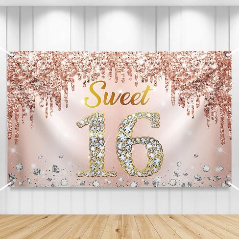 KatchOn Rose Gold Sweet 16 Banner for Girls - Big, 72x44 inch | Sweet 16 Backdrop for Photoshoot | Sweet 16 Birthday Decorations 16 Birthday Banner, Sweet 16 Party Decorations, Sweet Sixteen Backdrop in Kuwait