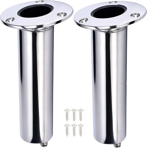Amarine Made (Set of 2) Heavy Duty Stainless Steel 316 Deluxe Rod Holders with Drain, Flush Mount Fishing Rod Pole Holders, 15 Degree in Kuwait