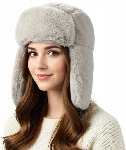 ITODA Warm Faux Fur Trapper Hat Furry Warmer Russian Earflap Skiing Hunting Cycling Trooper Women Cap with Chin Strap in Kuwait