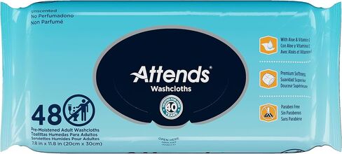 Attends Unscented Washcloths for Adult Incontinence Care with Aloe and Vitamin E, Unisex, 7.8"x11.8", 48 Count (x12) in Kuwait