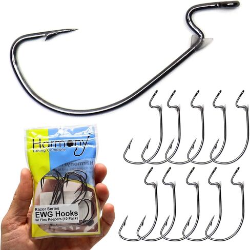 Harmony Fishing Company Razor Series (10 Pack) EWG Offset Worm Hooks with Bait Pegs [Select Size] in Kuwait