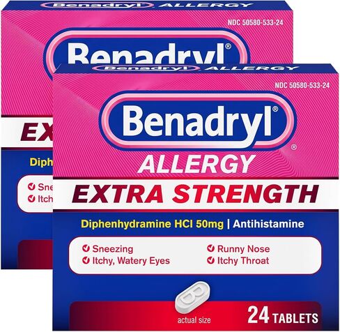 Benadryl Extra Strength Antihistamine Allergy Relief Medicine, 50 mg Diphenhydramine HCl Tablets for Relief of Allergy Symptoms Due to Hay Fever or Other Upper Respiratory Allergies, 24 ct in Kuwait