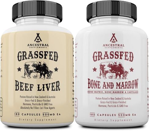 Ancestral Supplements Grass Fed Beef Living Bone Supplement, Bone Meal Capsules Support Bone Health, Oral and Joint Health and Flexibility, Non-GMO, 180 Capsules in Kuwait