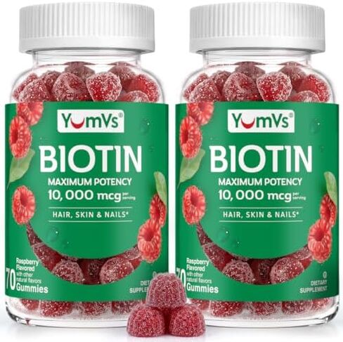 Biotin 10000 mcg Maximum Potency Gummies by YumVs | for Adults Women & Men | Hair, Skin & Nails Support | Natural Raspberry Flavor - 70 Count in Kuwait