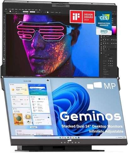 Mobile Pixels Geminos Dual 24" Stacked Computer Monitors with 1080P Webcam&Speakers, 100W USB-C Charging, All-Inclusive Vertical Desktop Monitor, HDMI/USB-A/USB-C, Infinitely Adjustable (2 Monitors) in Kuwait