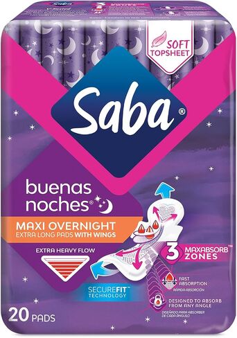Saba Buenas Noches Maxi Pads Overnight with Wings, 120 Count (6 Packs of 20) in Kuwait