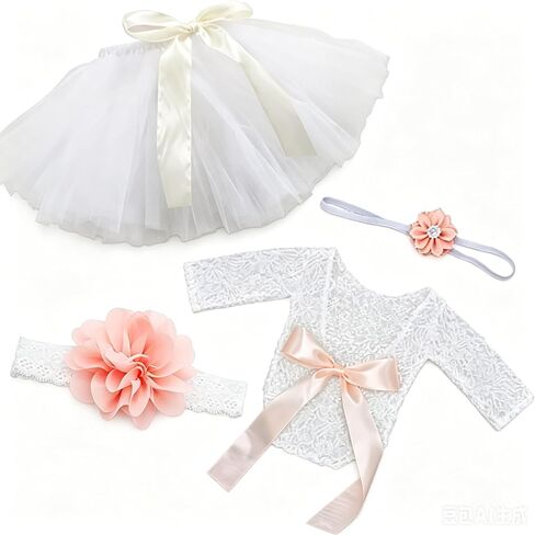 SPOKKI 4 PCS Newborn Photography Props Outfits-BabyTutu Skirt Cute Bow Headdress and Lace Rompers Flower Headband Sets for Infants Girl Boy in Kuwait