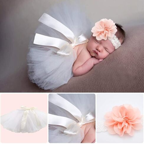 SPOKKI 4 PCS Newborn Photography Props Outfits-BabyTutu Skirt Cute Bow Headdress and Lace Rompers Flower Headband Sets for Infants Girl Boy in Kuwait