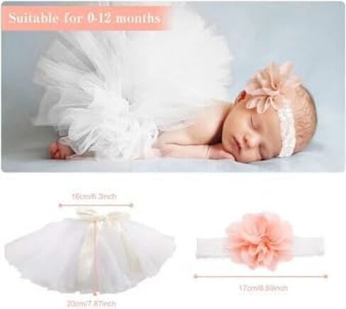 SPOKKI 4 PCS Newborn Photography Props Outfits-BabyTutu Skirt Cute Bow Headdress and Lace Rompers Flower Headband Sets for Infants Girl Boy in Kuwait