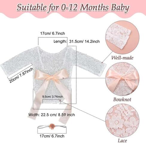 SPOKKI 4 PCS Newborn Photography Props Outfits-BabyTutu Skirt Cute Bow Headdress and Lace Rompers Flower Headband Sets for Infants Girl Boy in Kuwait