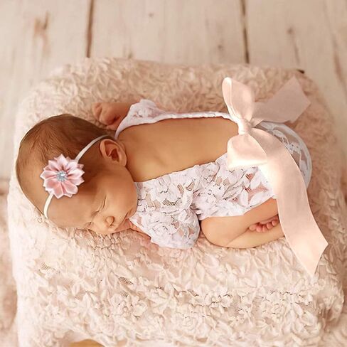 SPOKKI 4 PCS Newborn Photography Props Outfits-BabyTutu Skirt Cute Bow Headdress and Lace Rompers Flower Headband Sets for Infants Girl Boy in Kuwait