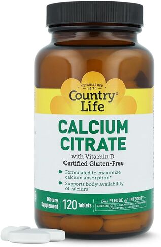 Country Life Calcium Citrate with Vitamin D, 120 Tablets, Certified Gluten Free, Certified Vegan, Certified Halal, Non-GMO Verified in Kuwait